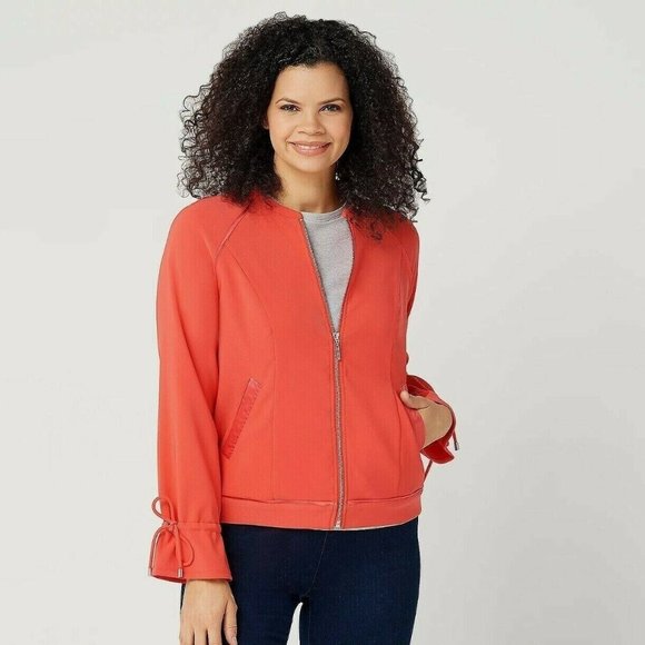 H by Halston Zip Front Bomber Jacket Size 4 Drawstring Sleeves Candy Red A350234 - Picture 2 of 8